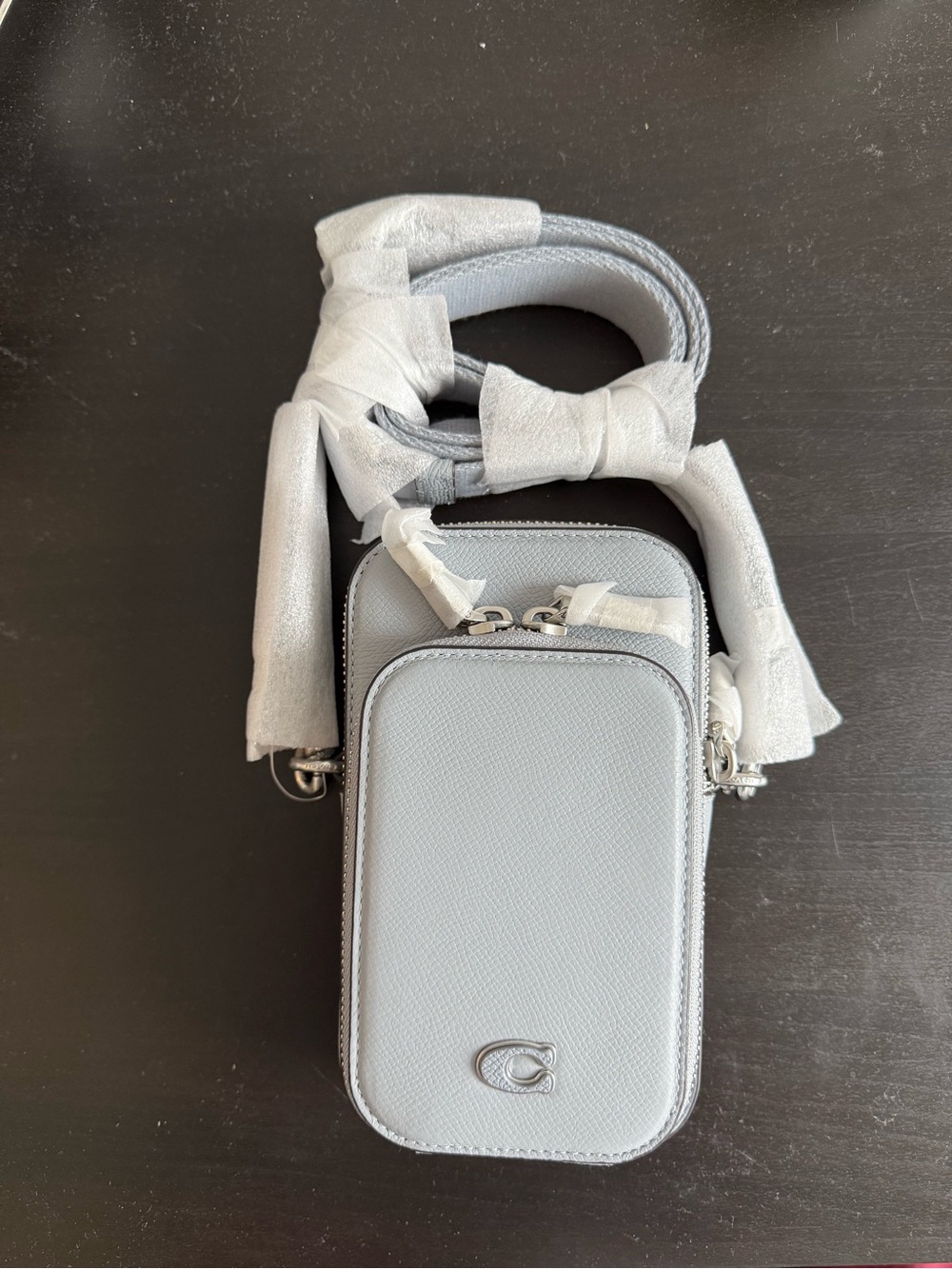 Coach Pebbled Leather Crossbody Phone Purse in Light blue/grey